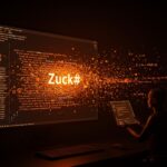 Representación satírica de Zuck#, un lenguaje de programación criticando la privacidad y explotación de datos en tecnología, con enfoque en innovación ética.