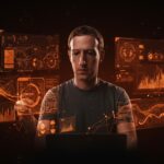 Mark Zuckerberg frente a interfaz digital futurista representando la inteligencia artificial aplicada y herramientas de comercio agente para startups hispanas en 2026.