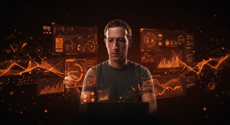 Mark Zuckerberg frente a interfaz digital futurista representando la inteligencia artificial aplicada y herramientas de comercio agente para startups hispanas en 2026.