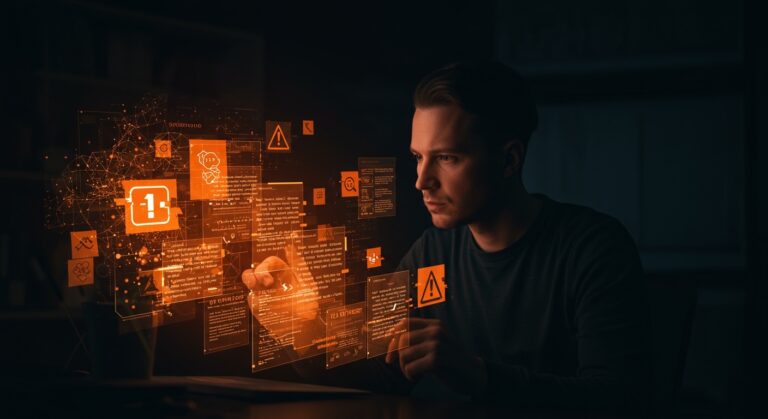 Fundador revisando señales de alerta en contenido generado por IA para mejorar escrituras auténticas en startups de tecnología.