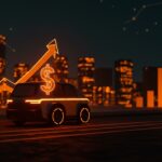 Robotaxi futurista en ciudad iluminada, simbolizando la inversión de 16 mil millones para movilidad autónoma de Waymo.