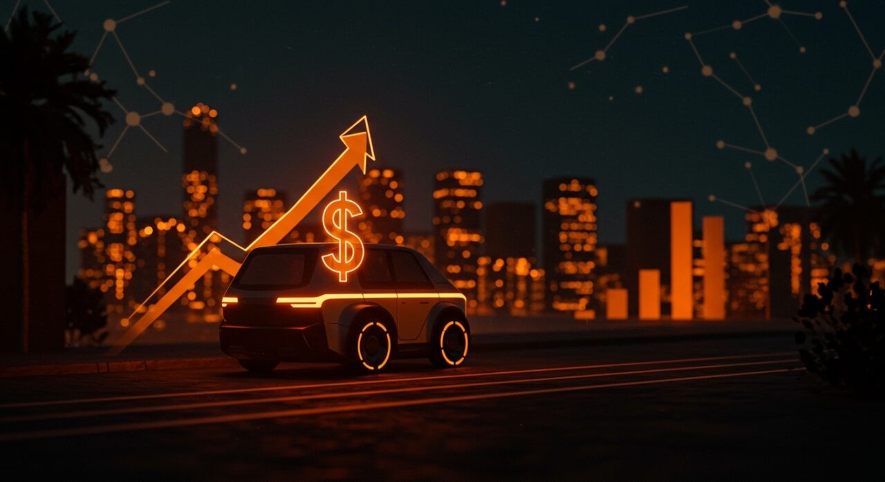 Robotaxi futurista en ciudad iluminada, simbolizando la inversión de 16 mil millones para movilidad autónoma de Waymo.