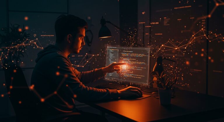 Desarrollador usando una extensión de VS Code que optimiza código IA en Markdown, revolucionando el desarrollo de software con inteligencia artificial.