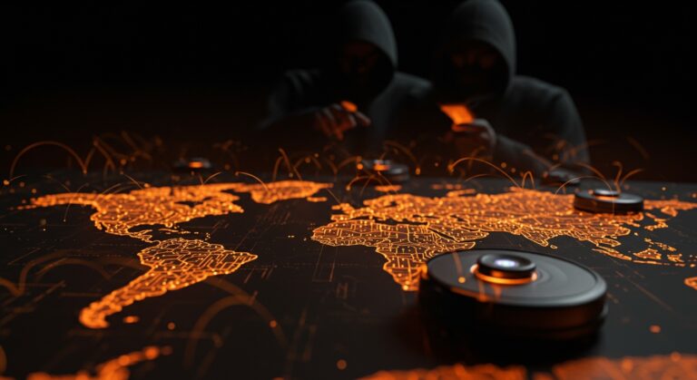 Robots aspiradores vulnerables en red IoT mostrando hackeo y problemas de seguridad en dispositivos inteligentes domésticos.