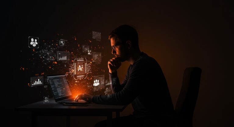 Desarrollador de software usando inteligencia artificial con hologramas y redes neuronales, ilustrando el bajo impacto de la IA en productividad según estudio Pragmatic Summit.