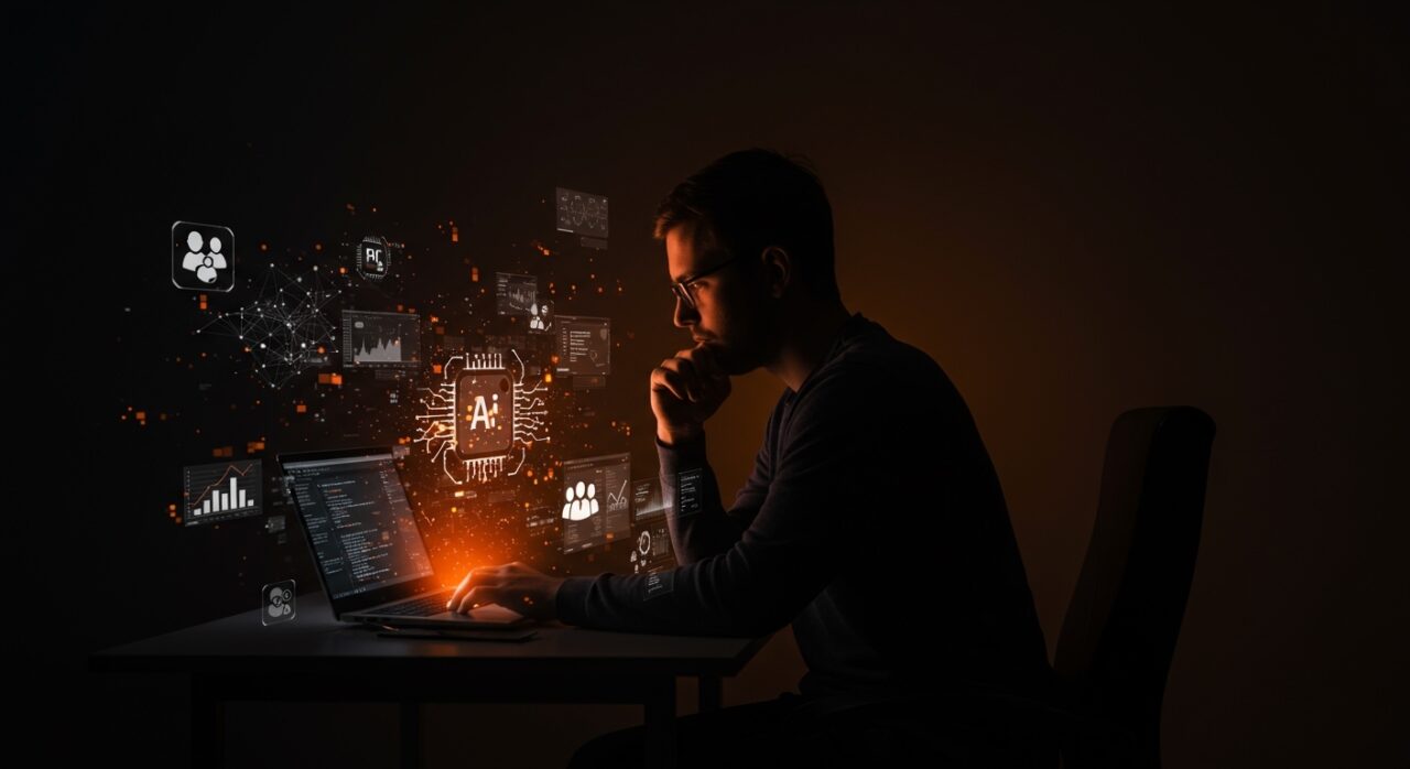 Desarrollador de software usando inteligencia artificial con hologramas y redes neuronales, ilustrando el bajo impacto de la IA en productividad según estudio Pragmatic Summit.