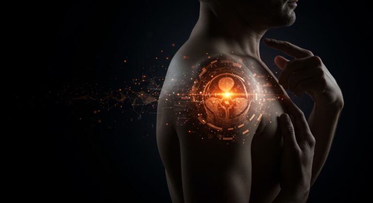 Análisis de resonancia magnética del hombro mostrando anomalías en adultos mayores de 40 años, destacando innovación en diagnóstico médico y tecnología healthtech.