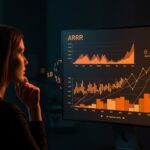 Fundadora analizando métricas reales de ARR en una startup SaaS con visuales de crecimiento y funding en estilo editorial naranja y negro.