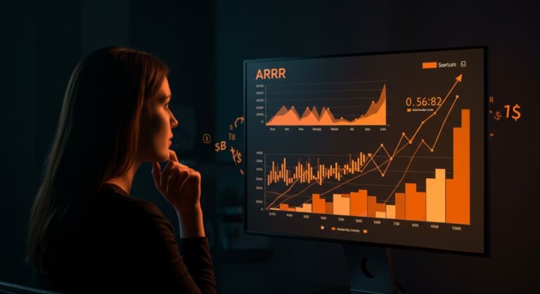 Fundadora analizando métricas reales de ARR en una startup SaaS con visuales de crecimiento y funding en estilo editorial naranja y negro.