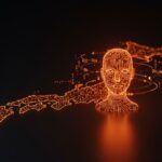 Avatar de compañero virtual de IA de Shizuku AI iluminado con motivos tecnológicos en tonos naranja y negro, destacando la inversión de a16z en la primera startup japonesa de IA.