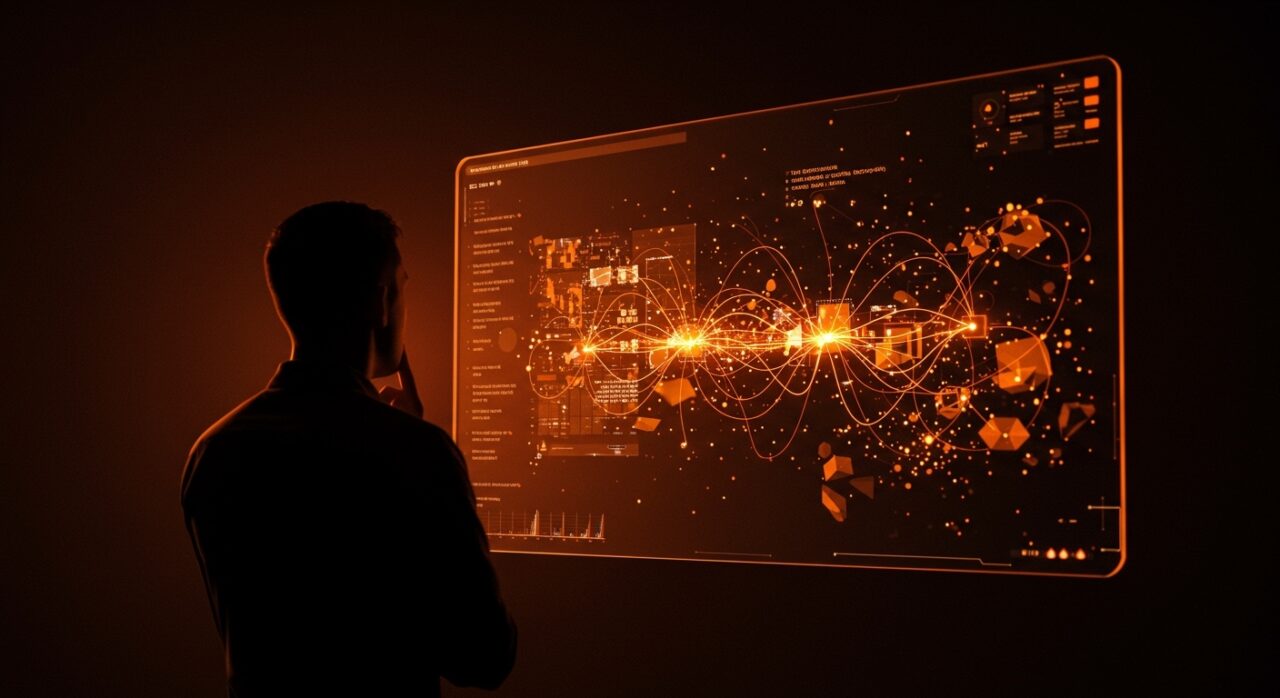 Fundador reflexionando frente a interfaz digital con código fragmentado y redes neuronales que ilustran los errores del 'vibe coding' universal con IA según A16z.