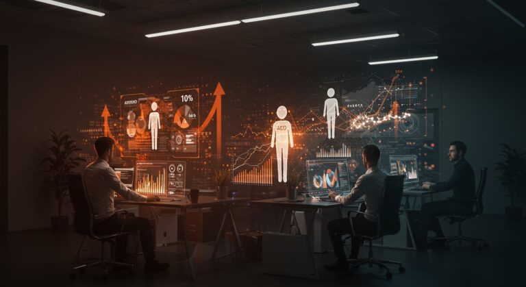 Visualización de agentes autónomos de IA gestionando operaciones publicitarias con Revenue OS de ADvendio, mostrando automatización y aumento de productividad en adtech.