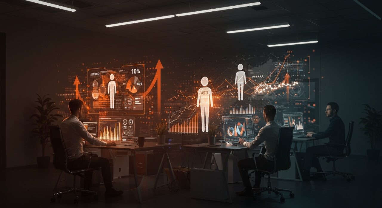 Visualización de agentes autónomos de IA gestionando operaciones publicitarias con Revenue OS de ADvendio, mostrando automatización y aumento de productividad en adtech.