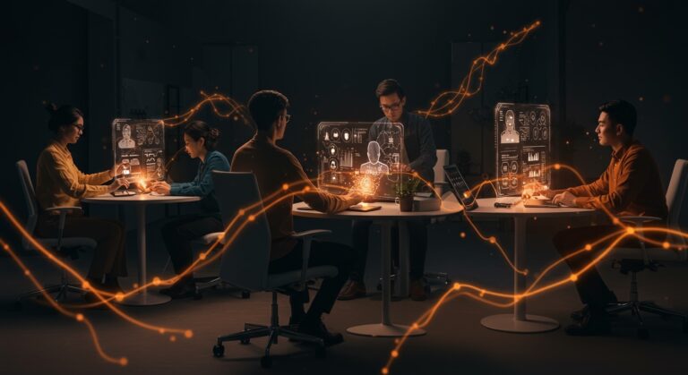 Startup tech founders colaborando con interfaces holográficas de IA personalizable usando el estándar abierto Agent Skills para automatización y workflows AI.