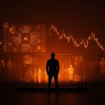 Founder preocupado frente a visualización digital de agentes AI y mercados bursátiles en declive simbolizando el impacto económico y desempleo tecnológico.