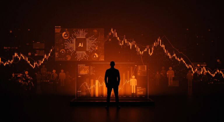 Founder preocupado frente a visualización digital de agentes AI y mercados bursátiles en declive simbolizando el impacto económico y desempleo tecnológico.