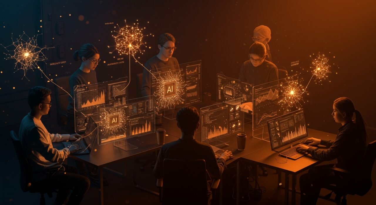 CTOs colaborando en implementación de agentes IA para maximizar ROI y productividad en empresas tecnológicas.