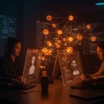 Fundadores técnicos colaborando con agentes de IA para programación en un entorno digital avanzado con representaciones de automatización y herramientas open source.