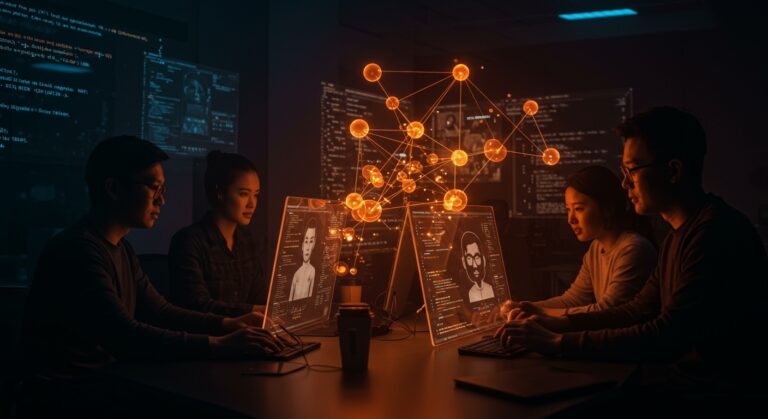 Fundadores técnicos colaborando con agentes de IA para programación en un entorno digital avanzado con representaciones de automatización y herramientas open source.