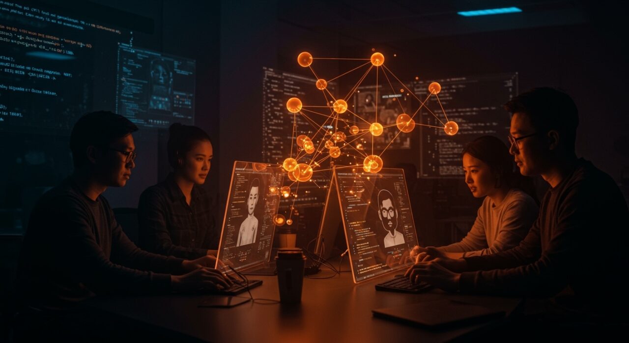 Fundadores técnicos colaborando con agentes de IA para programación en un entorno digital avanzado con representaciones de automatización y herramientas open source.