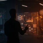 CEO tech en entorno futurista visualizando estrategias de inteligencia artificial y transformación digital en startups.