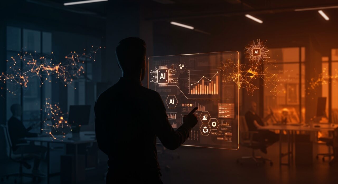 CEO tech en entorno futurista visualizando estrategias de inteligencia artificial y transformación digital en startups.