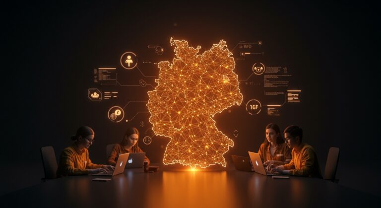 Contribuciones a open source en Alemania representadas como voluntariado digital con apoyo institucional y beneficios fiscales.