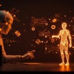 Agente de IA autónoma interactuando con fórmulas matemáticas abstractas en un entorno tecnológico, destacando la investigación matemática automatizada para startups fintech, edtech y R&D.