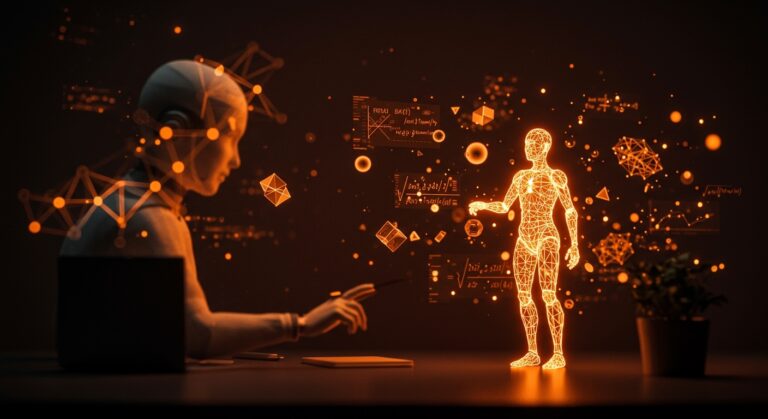 Agente de IA autónoma interactuando con fórmulas matemáticas abstractas en un entorno tecnológico, destacando la investigación matemática automatizada para startups fintech, edtech y R&D.