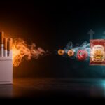 Comparación visual entre alimentos ultraprocesados y cigarrillos representando riesgos para la salud pública y regulación en consumo.