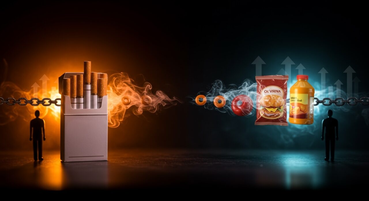 Comparación visual entre alimentos ultraprocesados y cigarrillos representando riesgos para la salud pública y regulación en consumo.