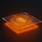 Placa de vidrio de cuarzo iluminada en naranja y negro representando almacenamiento de datos a largo plazo con Microsoft Project Silica.