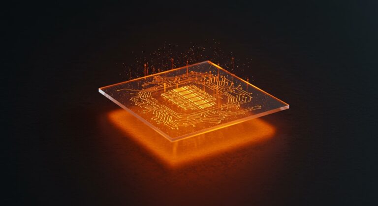 Placa de vidrio de cuarzo iluminada en naranja y negro representando almacenamiento de datos a largo plazo con Microsoft Project Silica.
