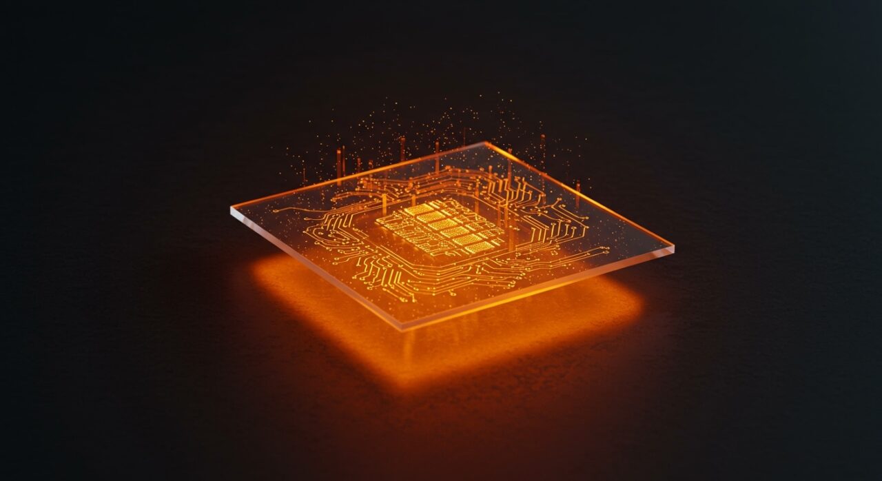 Placa de vidrio de cuarzo iluminada en naranja y negro representando almacenamiento de datos a largo plazo con Microsoft Project Silica.