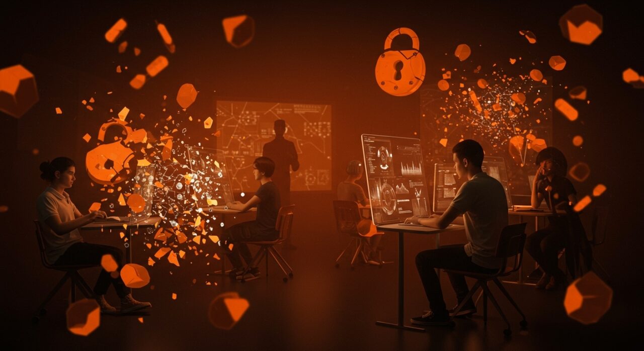 Alpha School mostrando IA sin controles adecuados en educación con vigilancia tecnológica y desafíos éticos resaltados visualmente.