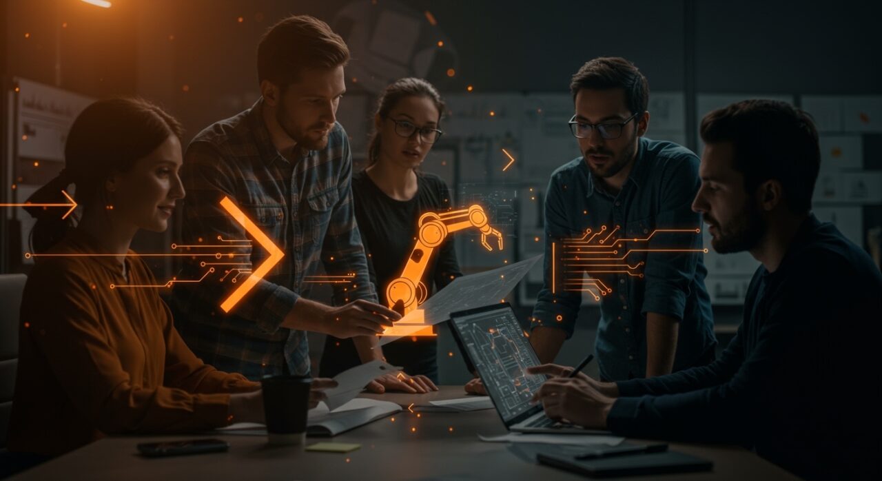 Equipo de fundadores tecnológicos pivotando estratégicamente en proyecto de robótica durante gestión innovadora de startups.