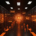 Inversión récord en IA de Amazon y Google mostrada con centros de datos futuristas y redes neuronales abstractas en colores naranja y negro.