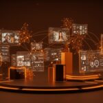 Marketplace digital de Amazon para licenciar contenido a empresas de inteligencia artificial en un entorno futurista con interfaces holográficas y redes neuronales.