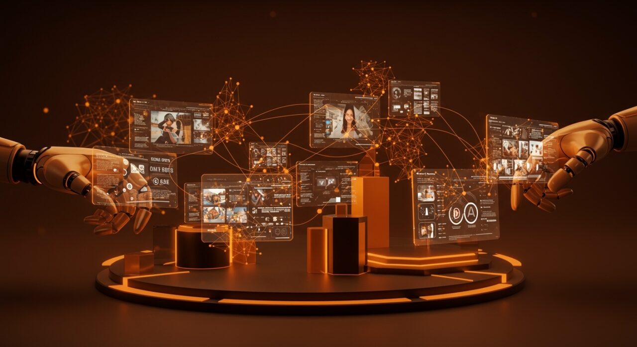 Marketplace digital de Amazon para licenciar contenido a empresas de inteligencia artificial en un entorno futurista con interfaces holográficas y redes neuronales.