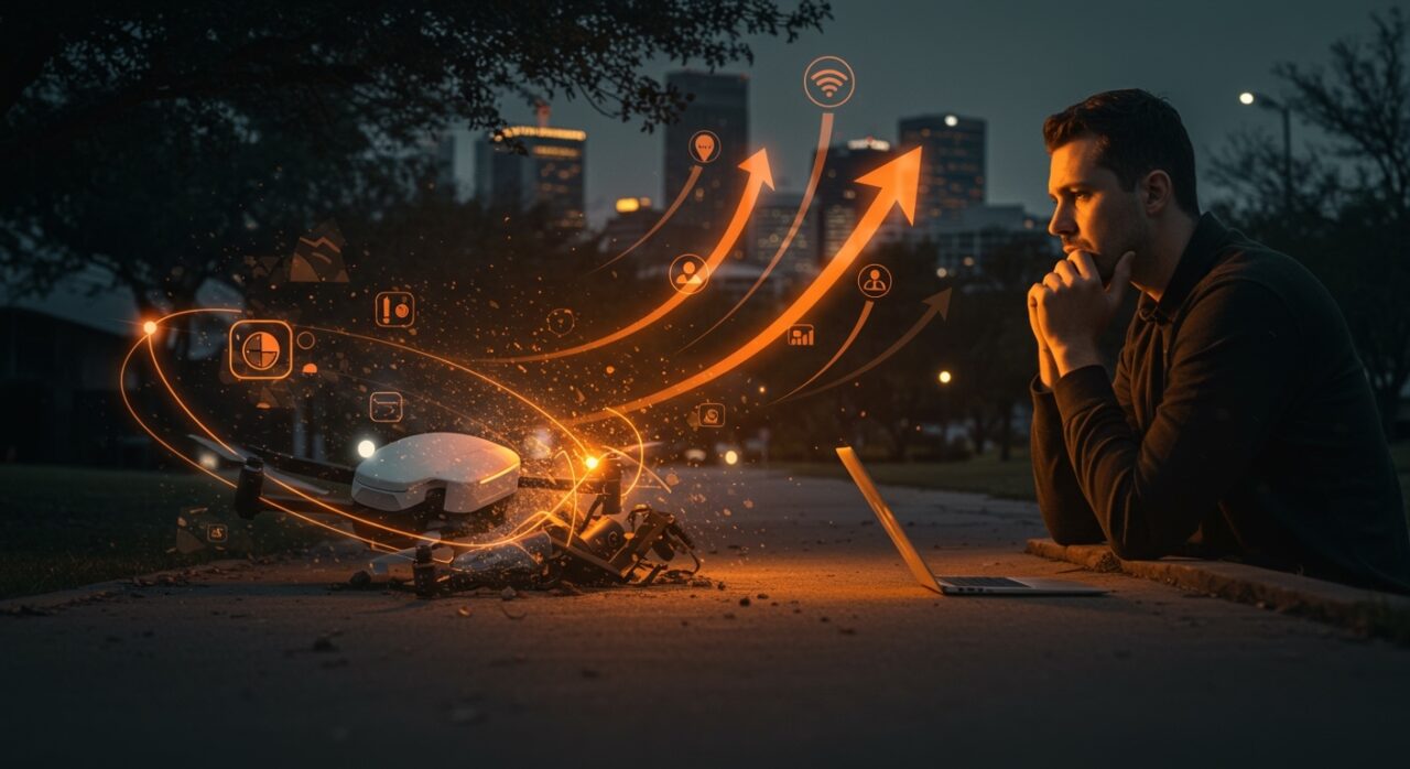 Dron de entrega Amazon Prime Air chocando en Richardson Texas simbolizando gestión de crisis y oportunidades en logística autónoma para startups.