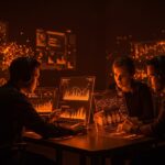 Análisis de saturación y estrategias para founders en comunidades tech con visualización de datos digitales en tonos naranja y negro.