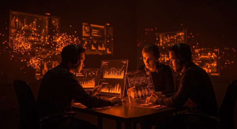 Análisis de saturación y estrategias para founders en comunidades tech con visualización de datos digitales en tonos naranja y negro.