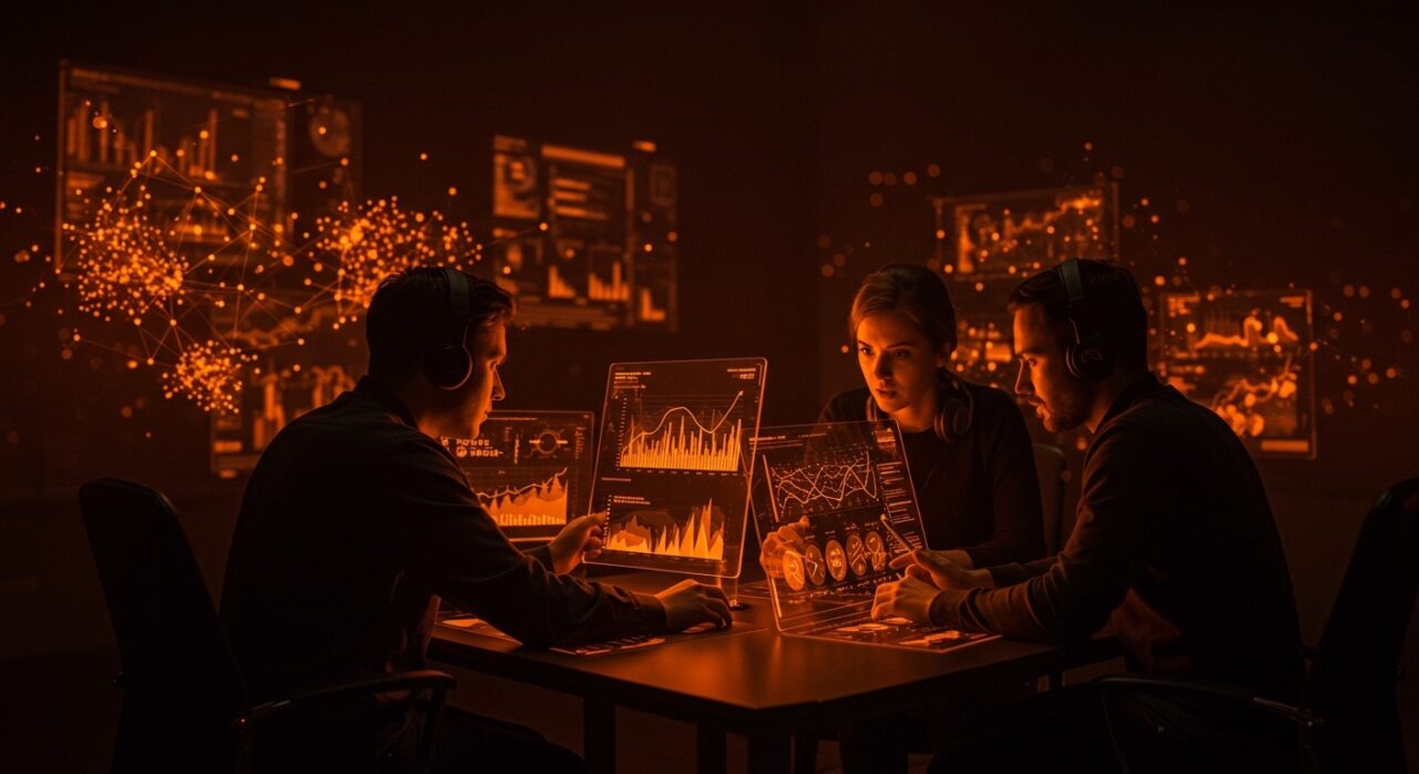 Análisis de saturación y estrategias para founders en comunidades tech con visualización de datos digitales en tonos naranja y negro.