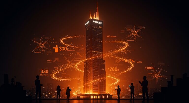 Imagen destacada de la ronda Serie G de Anthropic de 30 mil millones y valuación de 380 mil millones con metáforas visuales de inversión y redes de inteligencia artificial.