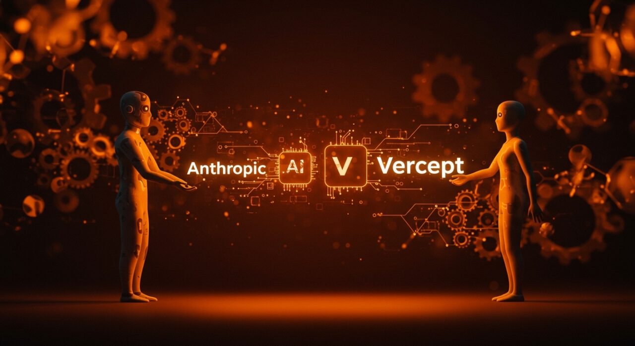 Adquisición de la startup Vercept por Anthropic simbolizada con agentes de IA y redes de automatización en paleta naranja y negro, destacando tendencias de mercado en tecnología.