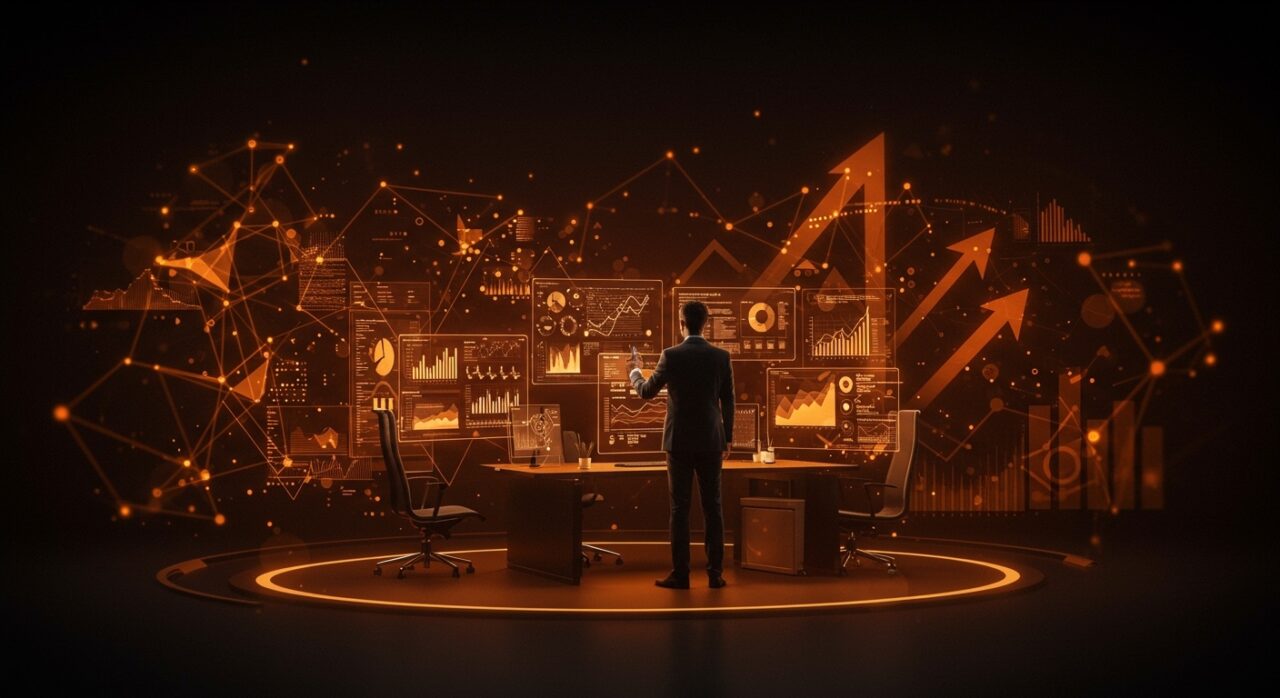 Ejecutivo visionario ante un entorno digital futurista con software de gestión empresarial con IA, destacando a Anthropic Claude Cowork como competidor clave en IA empresarial 2026.