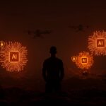 Líder tecnológico contemplando la colaboración responsable en IA para defensa nacional con enfoque en ética y vigilancia.