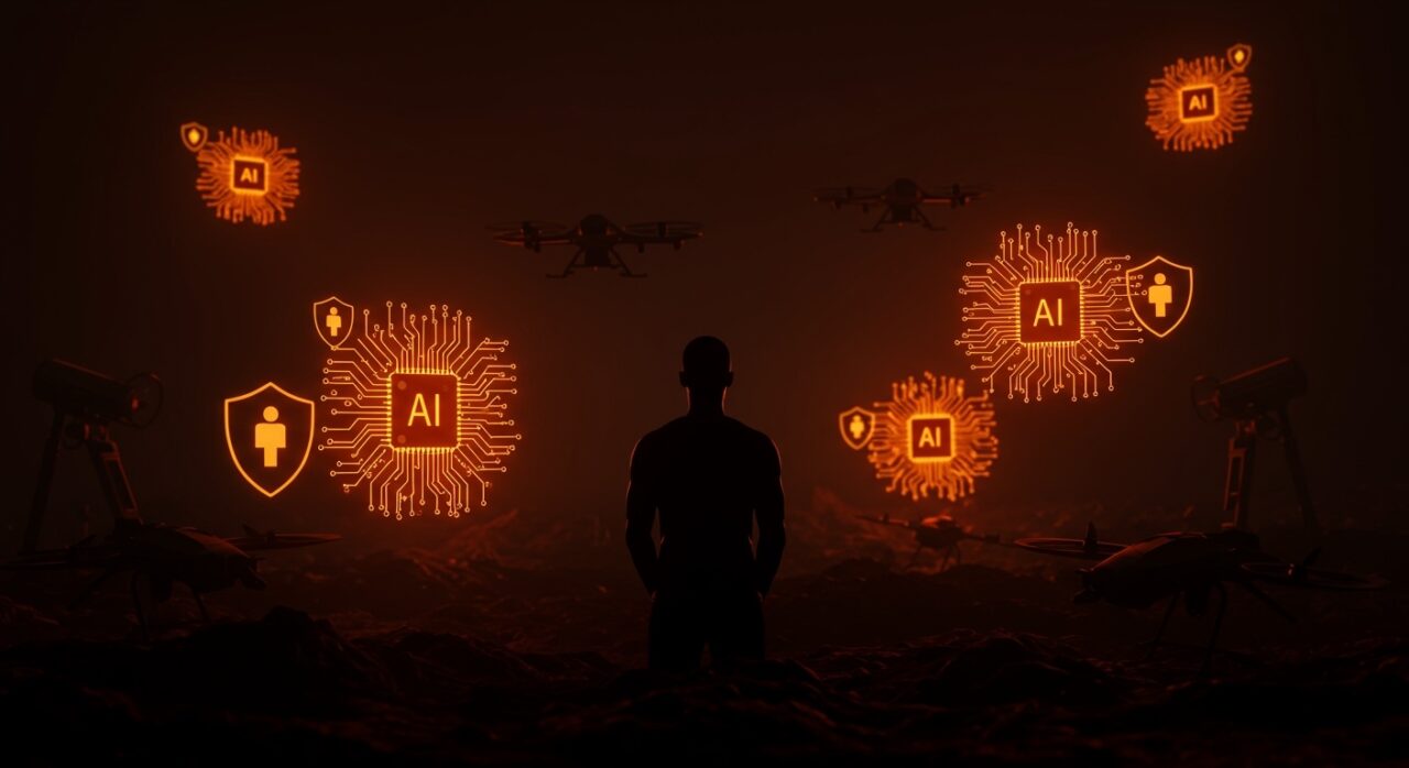 Líder tecnológico contemplando la colaboración responsable en IA para defensa nacional con enfoque en ética y vigilancia.