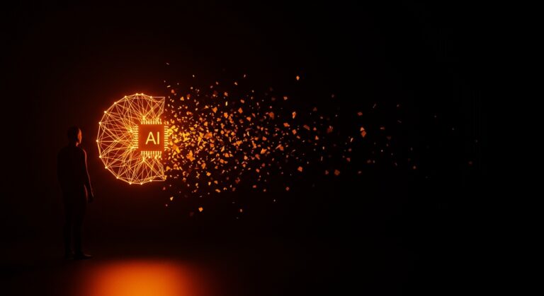 Anthropic elimina compromiso de seguridad en IA, representado por una red neural abstracta atenuándose y un fundador tecnológico en silueta en la paleta naranja y negro de Ecosistema Startup.