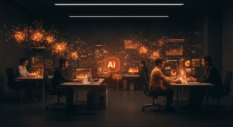 Colaboración empresarial utilizando plugins de IA aplicada para finanzas, ingeniería y diseño en un entorno digital innovador.